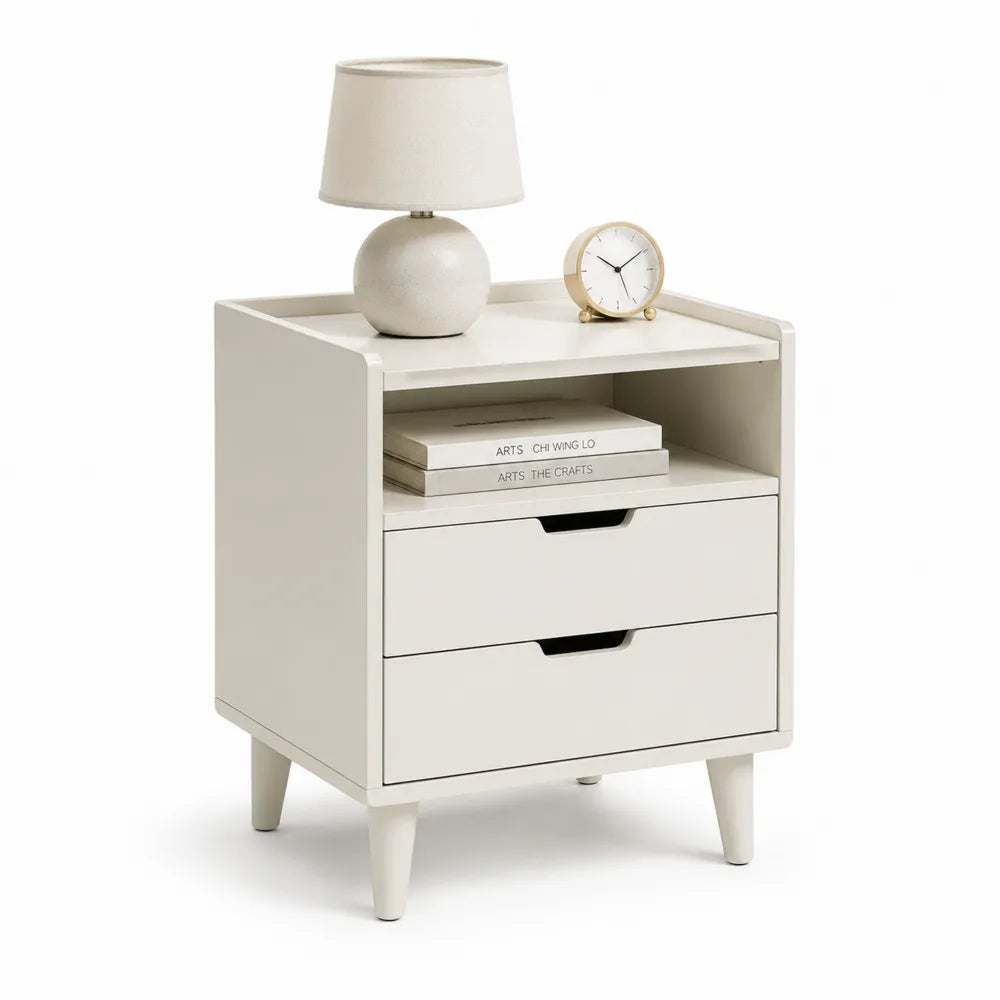 Table de chevet 2 tiroirs 50 x 40 x 55 cm avec niche ouverte en panneaux MDF finition blanc crème pieds en bois massif