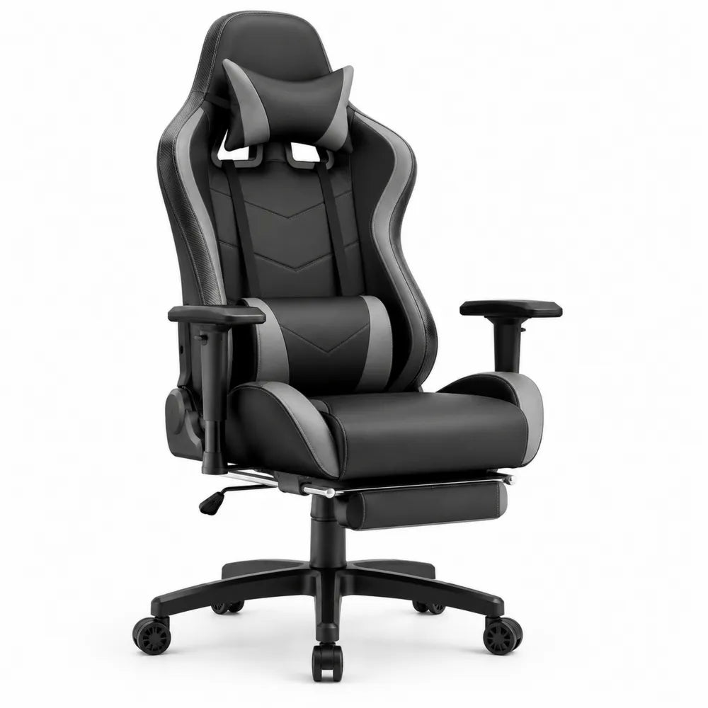 Chaise gaming 70 x 70 x 125 cm siège pivotant dossier inclinable repose-pieds rétractable revêtement PU noir gris base 5 branches roulettes