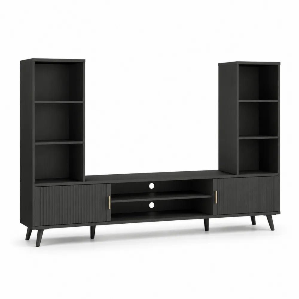 Meuble TV étagères latérales MDF mélaminé noir portes rainurées niches ouvertes structure rectangulaire pieds bois 180 cm 40 cm 170 cm