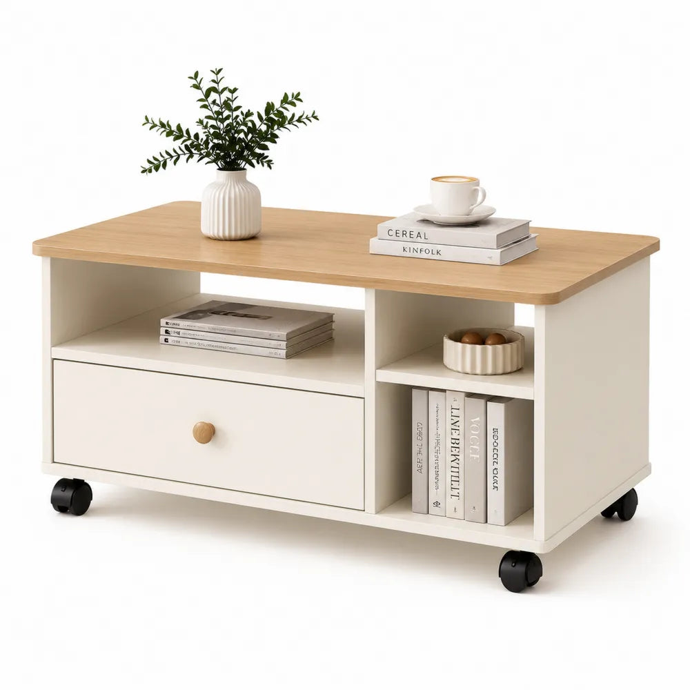 Table basse rectangulaire MDF mélaminé blanc plateau effet chêne bois naturel tiroir niche ouverte roulettes PP 100 x 50 x 45 cm
