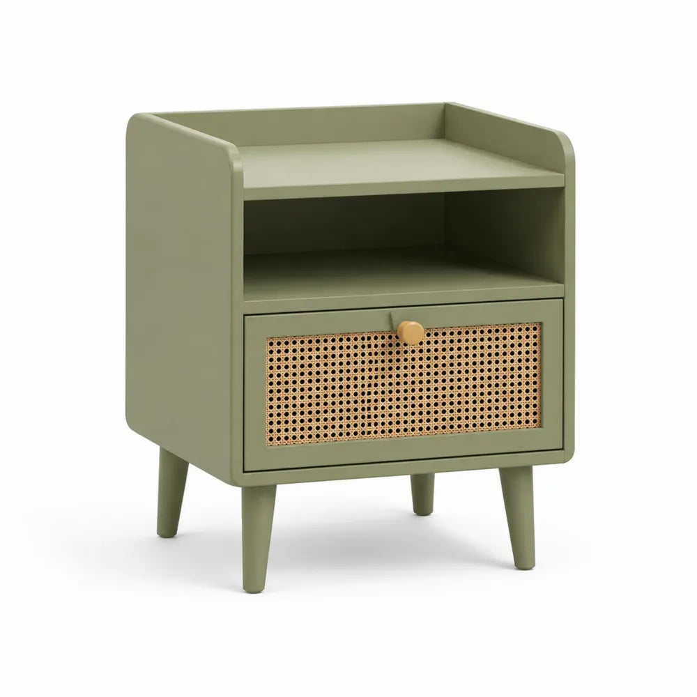 Table de chevet 50 x 40 x 55 cm MDF vert kaki avec tiroir façade en rotin naturel et niche ouverte pieds en bois
