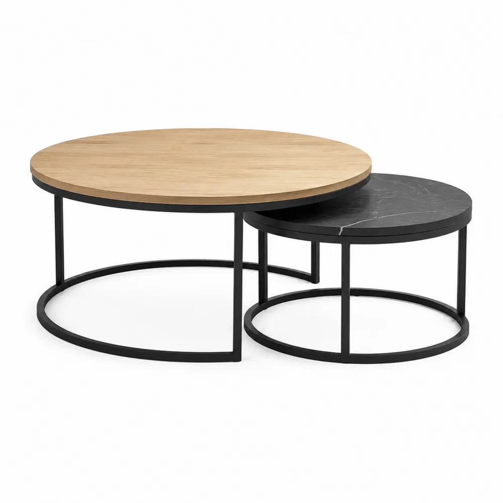 Tables basses gigognes rondes MDF placage chêne clair et plateau effet marbre noir structure acier thermolaqué noir 80 cm 60 cm