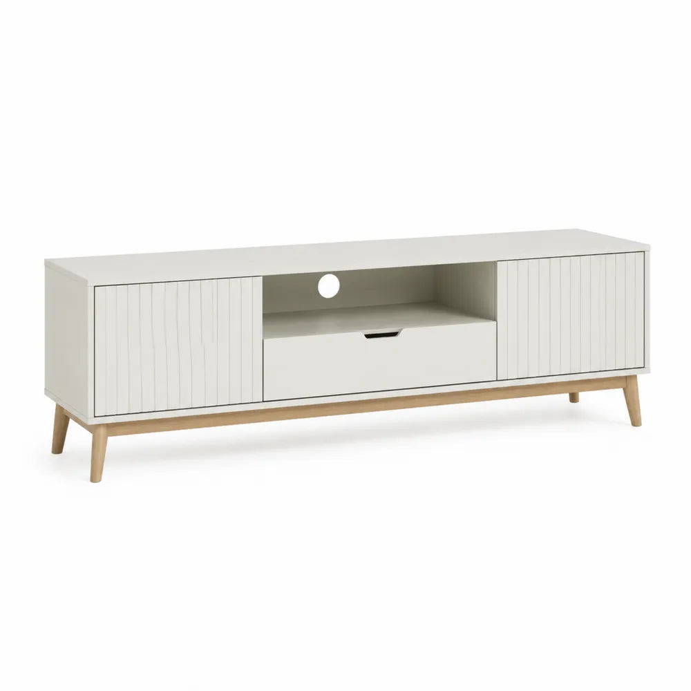 Meuble TV bas portes coulissantes rainurées niche ouverte tiroir MDF blanc bois clair pieds bois massif 160 cm 40 cm 50 cm