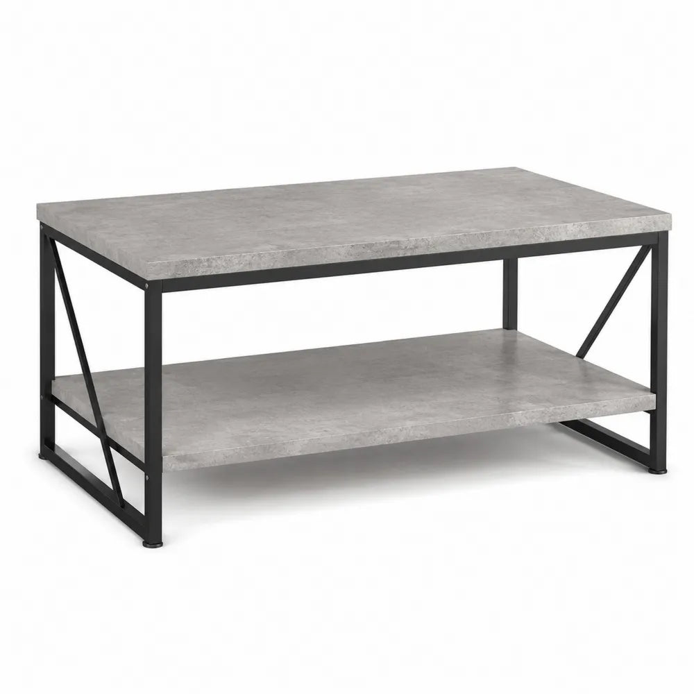 Table basse rectangulaire double niveau plateau effet pierre gris MDF structure acier thermolaqué noir 100 cm 50 cm 45 cm