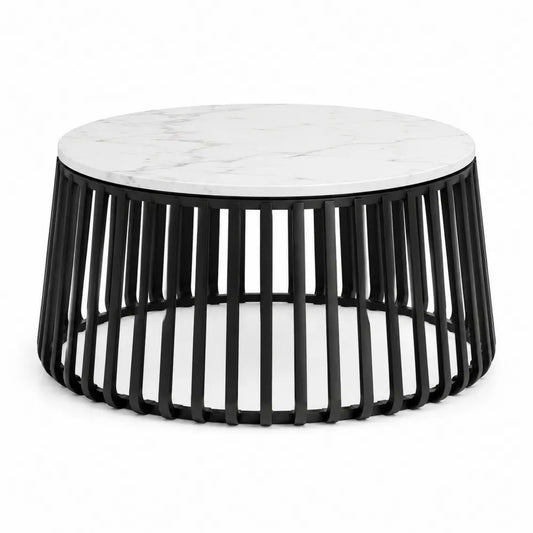 Table basse ronde plateau effet marbre blanc céramique structure acier peint noir base ajourée 80 x 42 cm