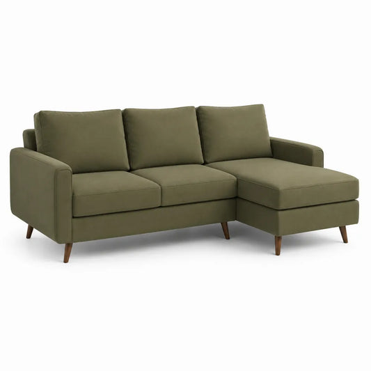 Canapé d’angle avec méridienne droite tissu polyester vert kaki structure bois massif pieds bois naturel 230 cm 150 cm 85 cm