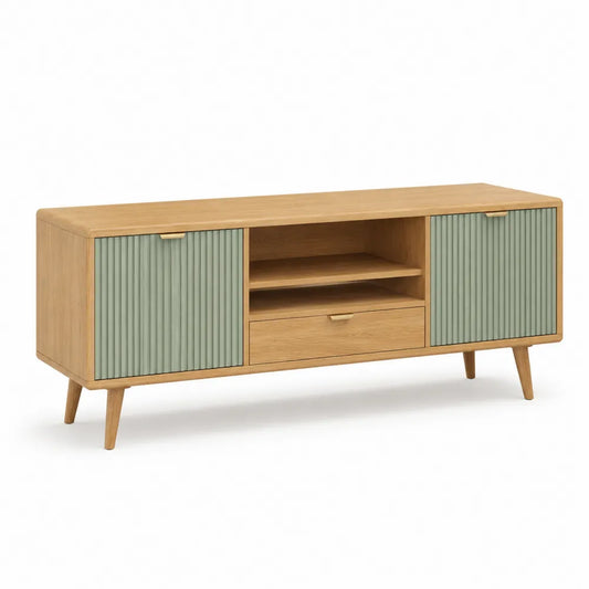 Meuble TV avec portes à lattes étagère ouverte et tiroir MDF décor chêne clair pieds bois massif 160 cm 40 cm 50 cm