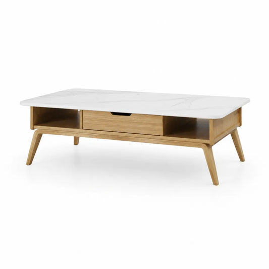 Table basse rectangulaire plateau effet marbre blanc tiroir central et niches ouvertes en MDF finition chêne clair pieds en bois massif dimensions 120 cm 60 cm 40 cm