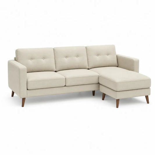 Canapé d’angle avec méridienne 3 places tissu polyester beige structure bois massif pieds en bois naturel dimensions 220 cm 140 cm 85 cm