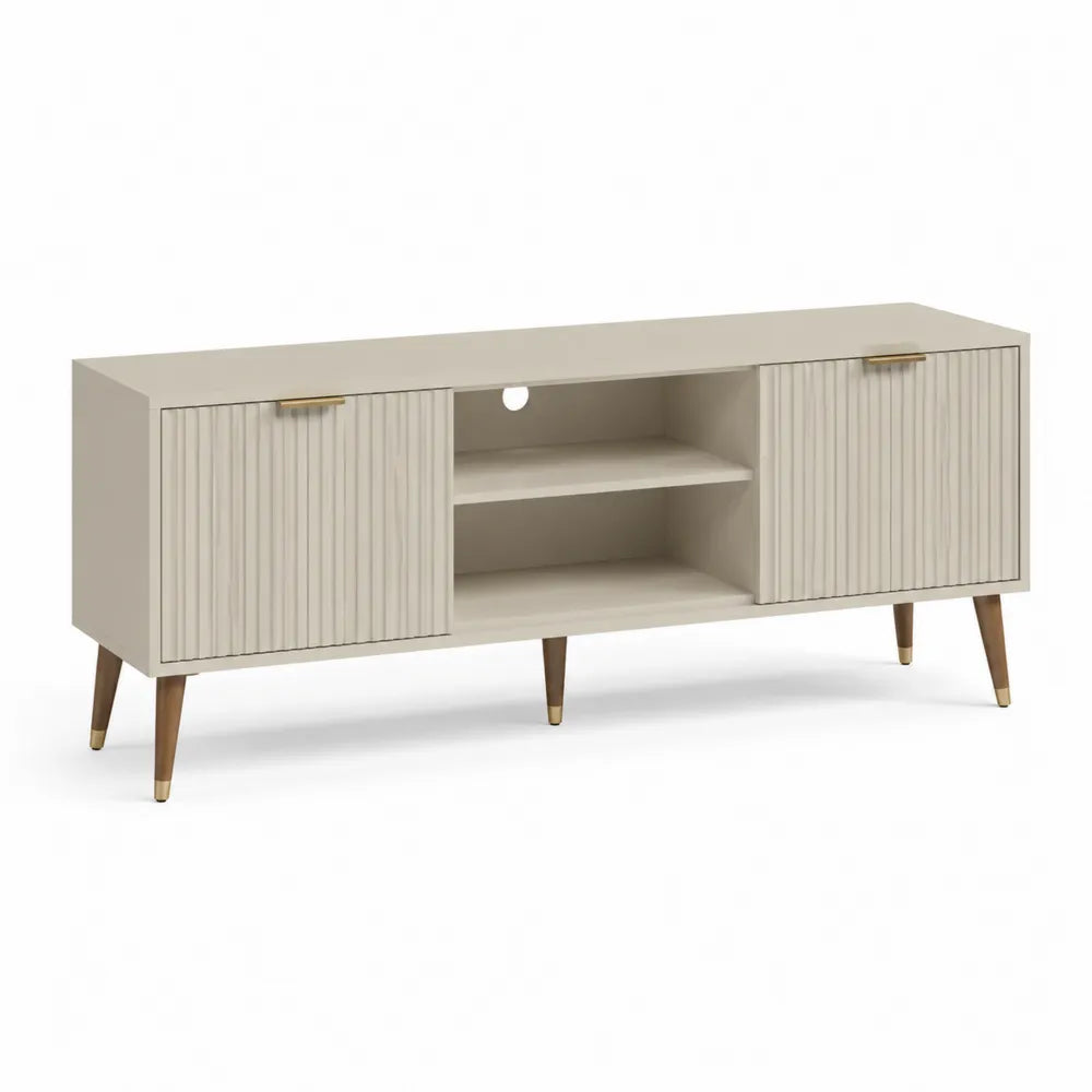 Meuble TV portes rainurées niche centrale ouverte en MDF finition beige effet bois pieds inclinés bois massif dimensions 180 cm 40 cm 50 cm