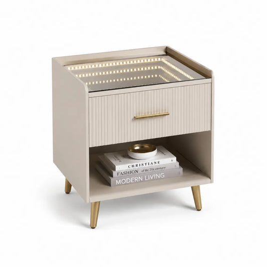 Table de chevet 50 x 40 x 55 cm avec tiroir et niche ouverte plateau en verre effet miroir éclairage LED structure MDF finition beige pieds dorés