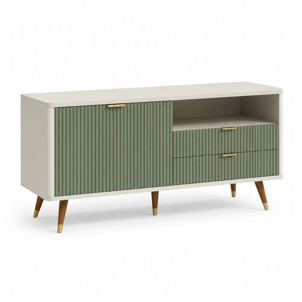 Meuble TV bas 160 x 40 x 50 cm bois clair blanc cassé avec porte rainurée vert sauge et tiroirs à façade striée pieds bois doré