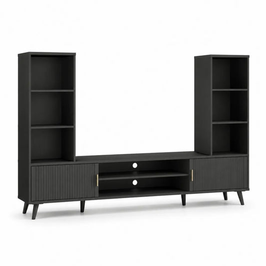 Meuble TV étagères latérales MDF mélaminé noir portes rainurées niches ouvertes structure rectangulaire pieds bois 180 cm 40 cm 170 cm