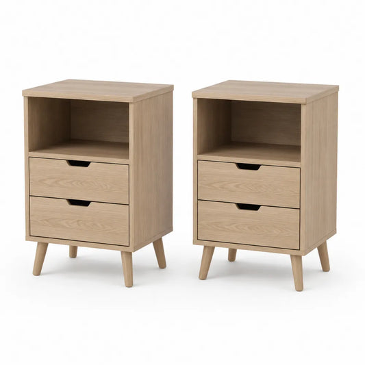 Tables de chevet lot de 2 50 x 40 x 55 cm en MDF placage bois chêne clair avec deux tiroirs et niche ouverte pieds bois naturel