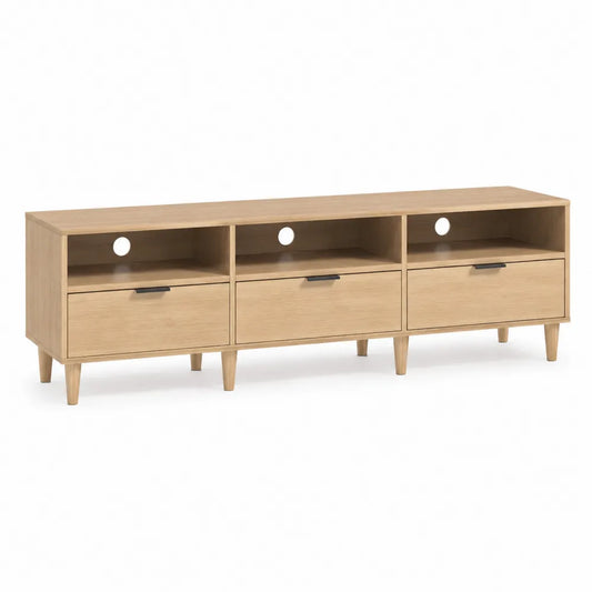 Meuble TV 180 cm avec 3 tiroirs niches ouvertes passages de câbles structure MDF décor chêne clair pieds bois massif 180 cm 40 cm 50 cm