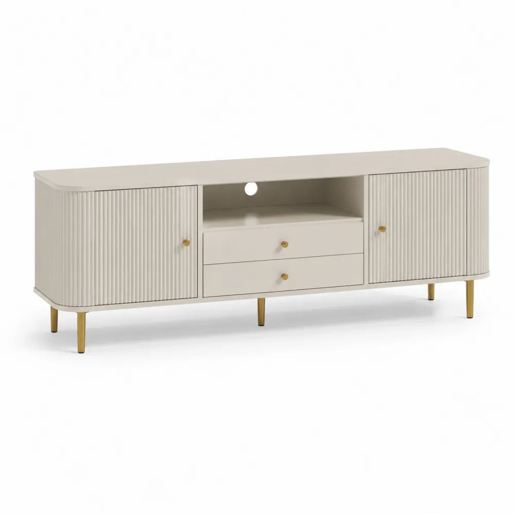 Meuble TV bas portes cannelées 2 tiroirs niche centrale MDF finition beige pieds métal doré dimensions environ 200 cm 40 cm 55 cm