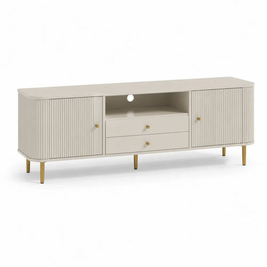 Meuble TV bas portes cannelées 2 tiroirs niche centrale MDF finition beige pieds métal doré dimensions environ 200 cm 40 cm 55 cm