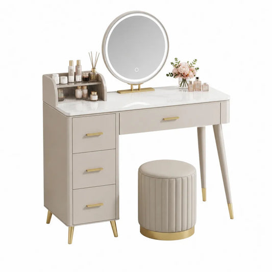 Coiffeuse 120 x 40 x 75 cm avec miroir rond LED plateau effet marbre tiroirs multiples structure MDF beige et doré tabouret inclus