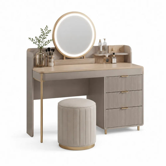 Coiffeuse avec miroir LED rond 120 x 50 x 75 cm tiroirs intégrés tabouret rangement structure MDF plateau bois clair pieds métal doré rectangulaire