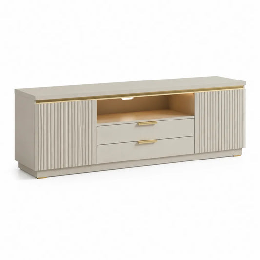 Meuble TV bas rectangulaire 2 portes cannelées 2 tiroirs niche centrale éclairage LED MDF finition beige pieds métal doré dimensions environ 200 cm 40 cm 55 cm