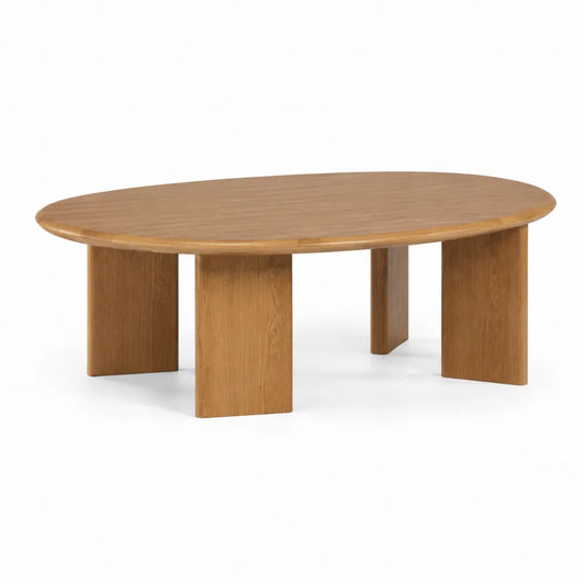 Table basse ovale bois effet chêne structure en bois reconstitué trois pieds larges 120 x 70 x 40 cm finition bois naturel