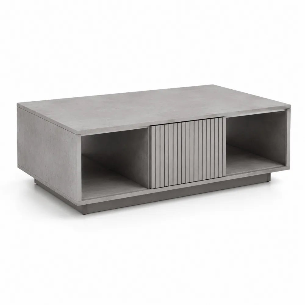 Table basse rectangulaire MDF mélaminé effet béton gris avec niches ouvertes et panneau central rainuré 120 cm 60 cm 40 cm