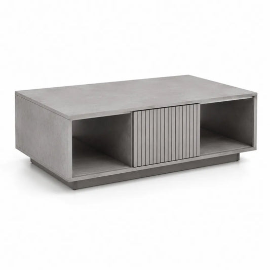 Table basse rectangulaire MDF mélaminé effet béton gris avec niches ouvertes et panneau central rainuré 120 cm 60 cm 40 cm
