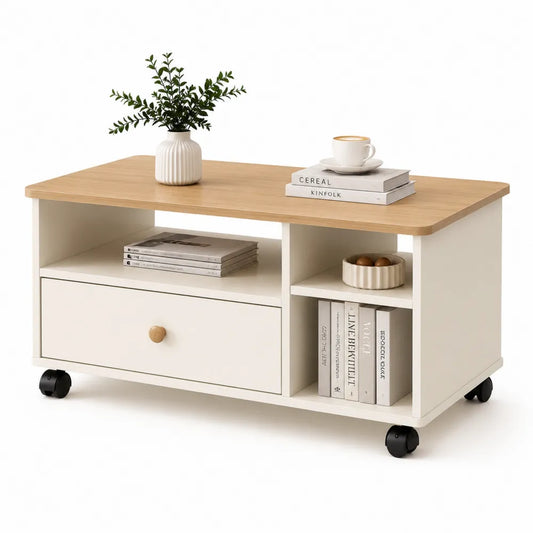 Table basse rectangulaire MDF mélaminé blanc plateau effet chêne bois naturel tiroir niche ouverte roulettes PP 100 x 50 x 45 cm