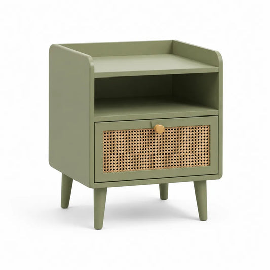 Table de chevet 50 x 40 x 55 cm MDF vert kaki avec tiroir façade en rotin naturel et niche ouverte pieds en bois