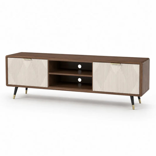 Meuble TV bas 180 x 40 x 50 cm bois noyer portes battantes rainurées blanc cassé niches ouvertes centrales pieds bois doré