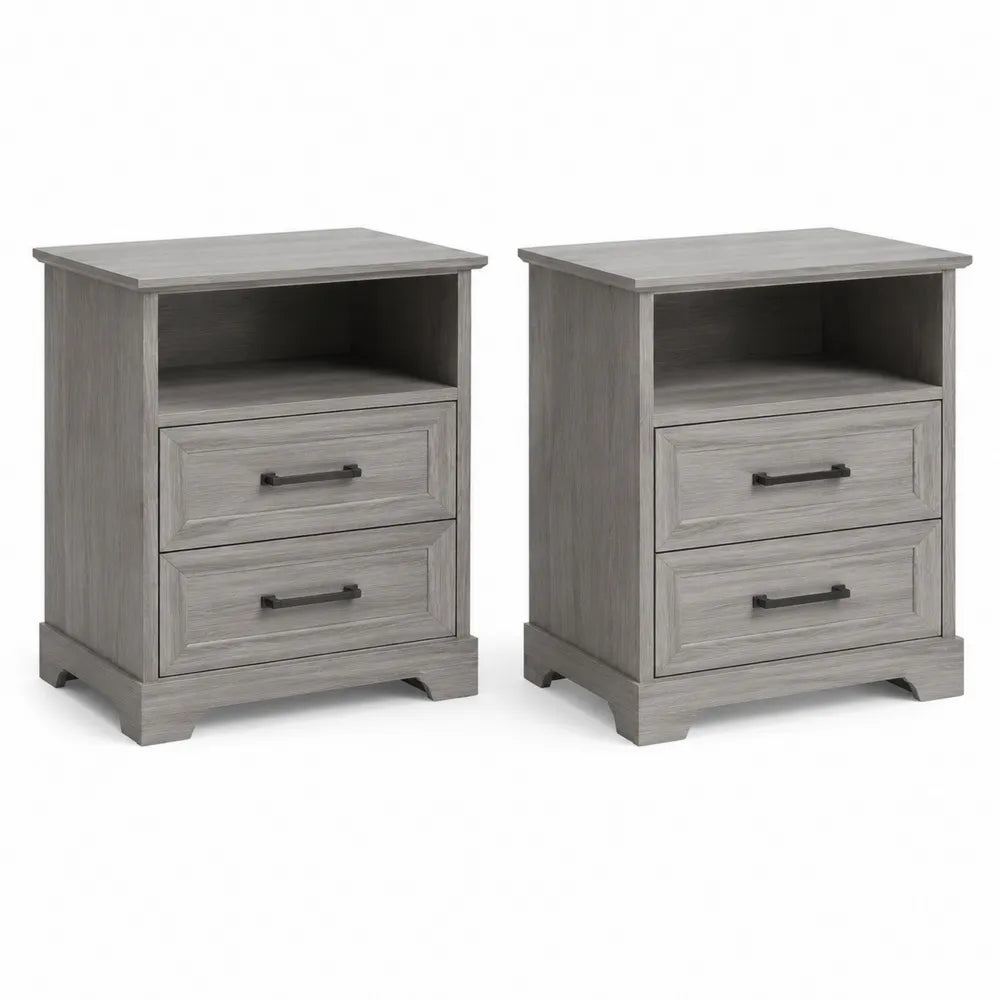Lot de 2 tables de chevet 50 x 40 x 60 cm MDF mélaminé effet chêne gris avec deux tiroirs niche ouverte et poignées noires