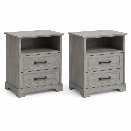 Lot de 2 tables de chevet 50 x 40 x 60 cm MDF mélaminé effet chêne gris avec deux tiroirs niche ouverte et poignées noires