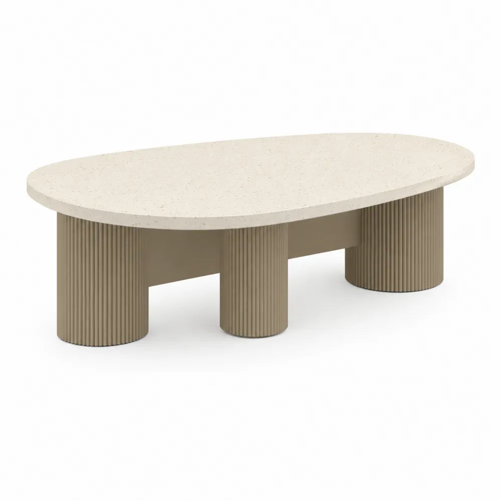 Table basse ovale plateau effet terrazzo beige structure cylindrique cannelée en MDF dimensions environ 120 cm 60 cm 40 cm