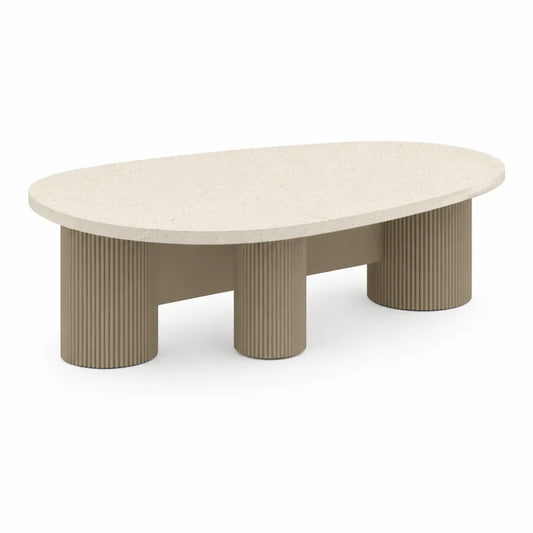 Table basse ovale plateau effet terrazzo beige structure cylindrique cannelée en MDF dimensions environ 120 cm 60 cm 40 cm