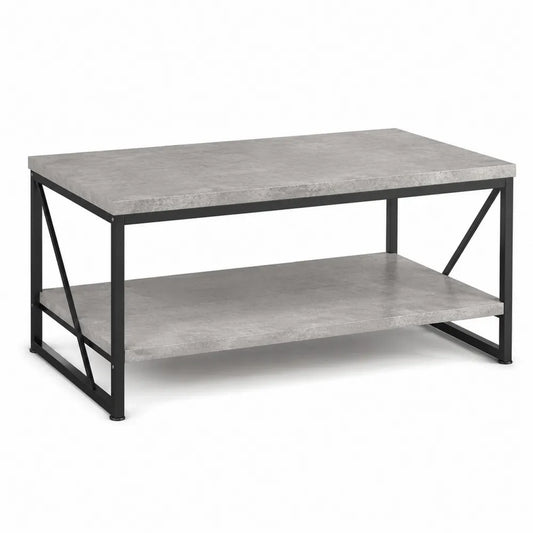 Table basse rectangulaire double niveau plateau effet pierre gris MDF structure acier thermolaqué noir 100 cm 50 cm 45 cm
